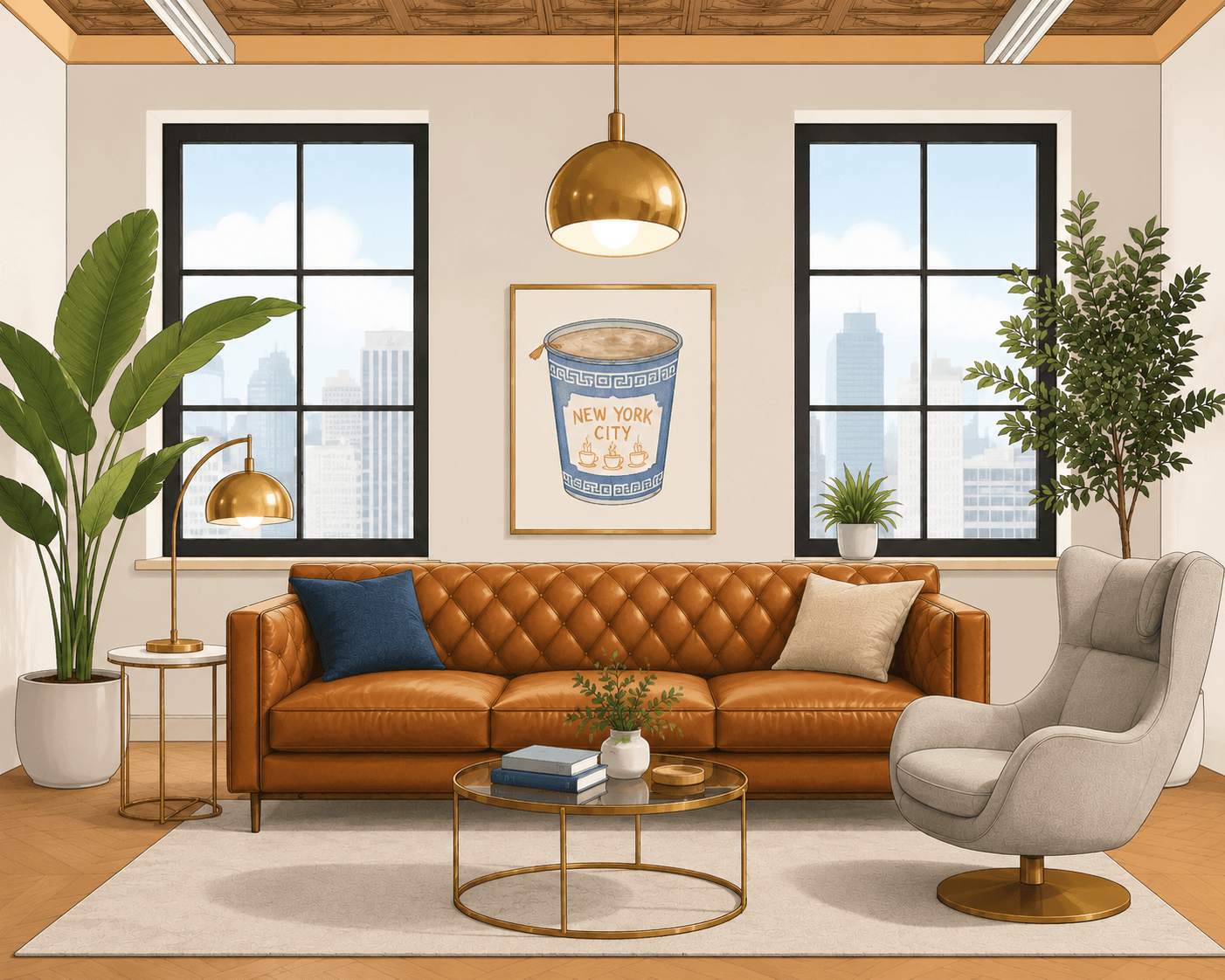 An illustration of Dr. Martínez's longtime New York office, with a leather couch, gold lamps, and city windows