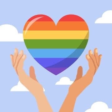 An illustration of open hands lifting a rainbow heart into a soft blue sky